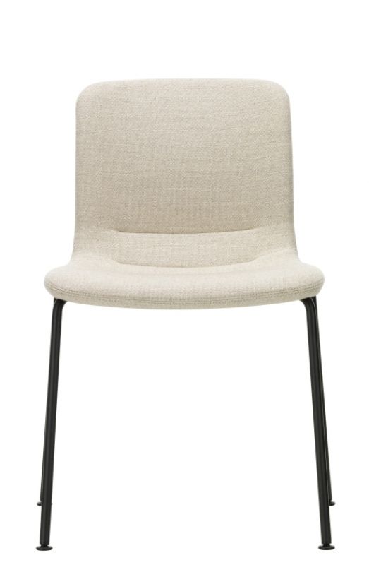 Vitra Hal Stuhl mit Stoffbezug in Beige und schwarzem Metallgestell, stapelbarer Designstuhl.